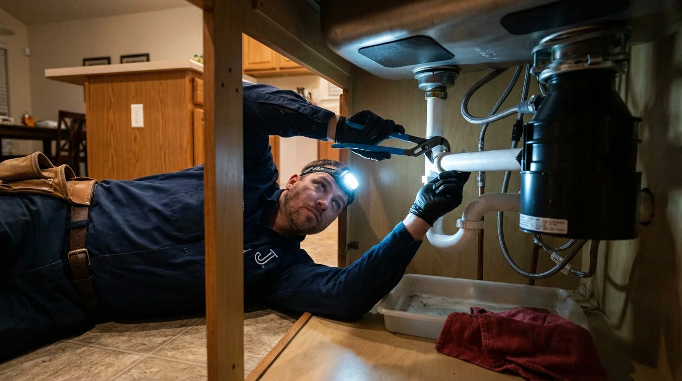 P-trap and supply line connections under a kitchen sink showing a common leak point in Incline Village, NV